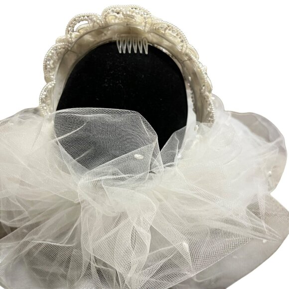 Vintage 1990s Beaded Bridal Headband Veil Cream Tulle Two Tier Mid Length - Picture 14 of 16